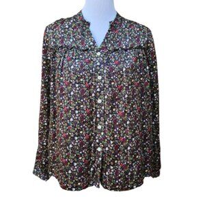 Saccharine Multicolor Floral Print Button-Up Blouse Ruffle Trim Cotton Silk